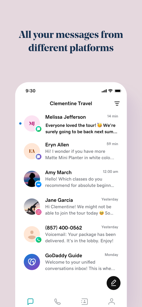 Mobile app interface showing a unified business inbox with messages from WhatsApp Instagram Facebook and SMS for a small business