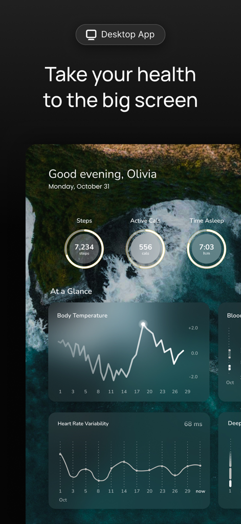 Sonar - Health & Performance - Sonar desktop dashboard displaying health metrics including body temperature and heart rate variability charts