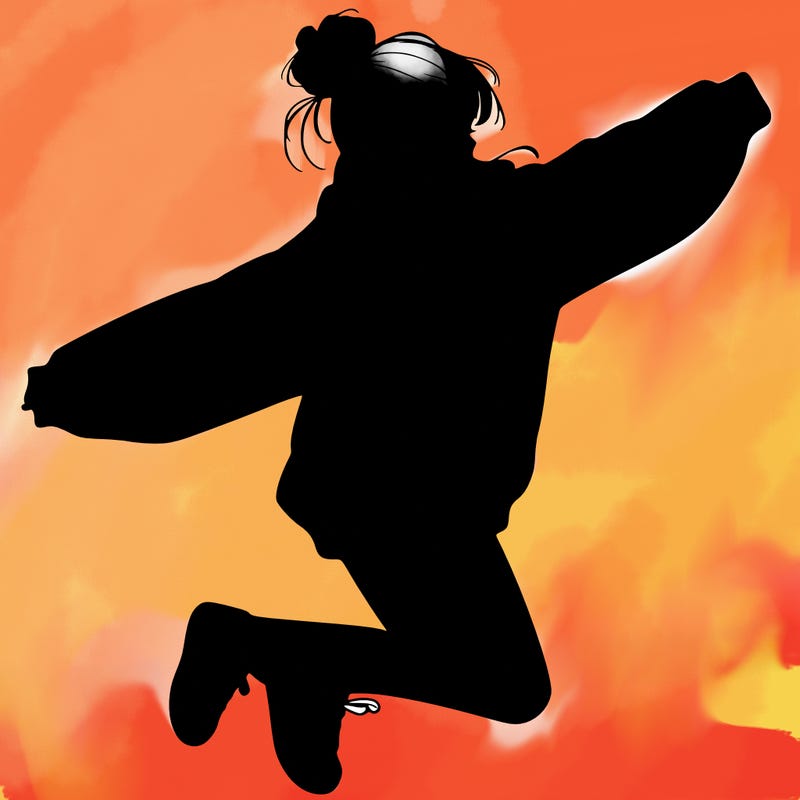 realistic girl jumping with a bun and oversized sweatshirt