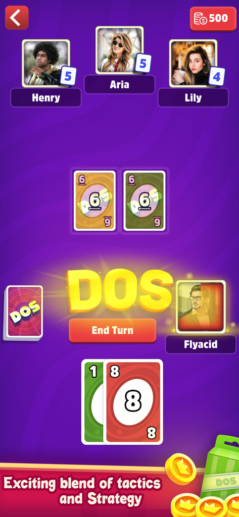 Dos: Fun Family Card Game - Gameplay screen of Dos card game showing four players and card matching mechanics