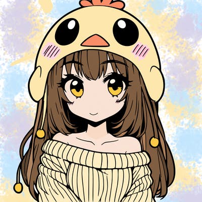anime girl with chick shaped hat with sweater with bare shoulders with bangs covering them one eye with low tail