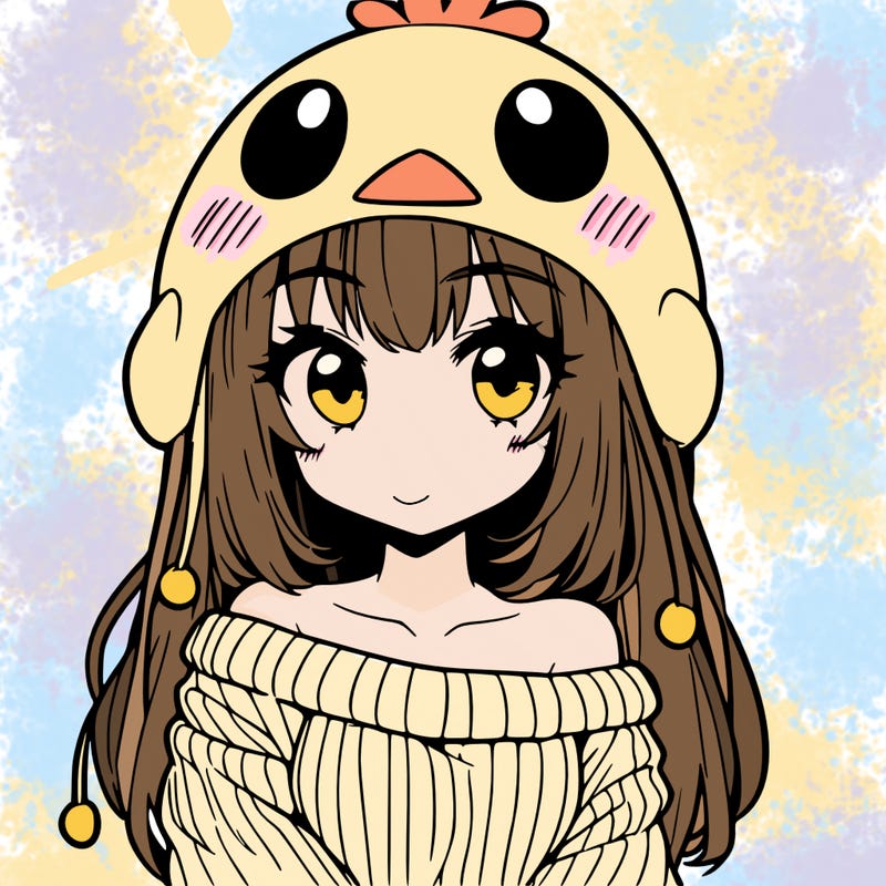 anime girl with chick shaped hat with sweater with bare shoulders with bangs covering them one eye with low tail
