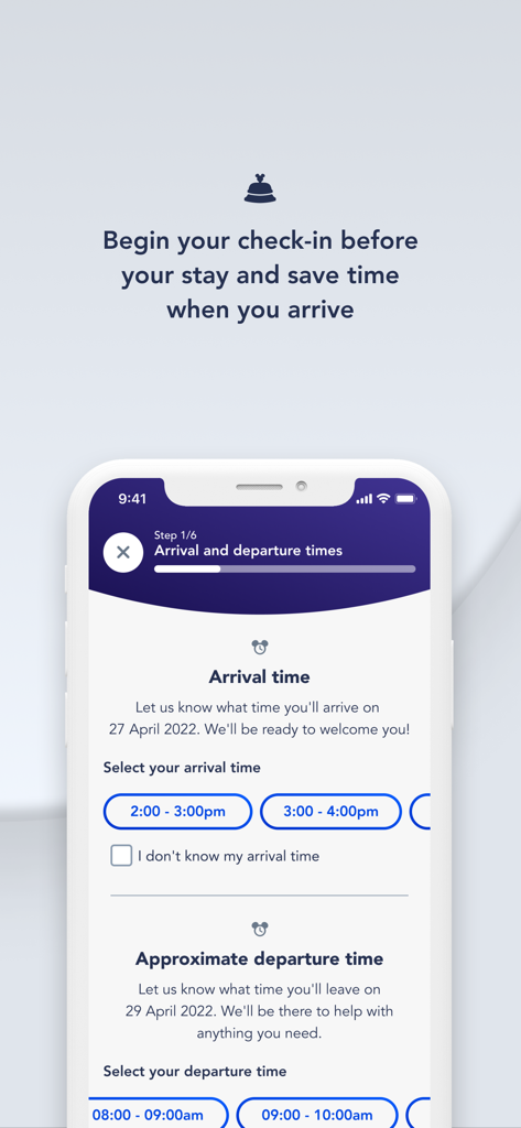 Écran de l'application Disneyland Paris pour l'enregistrement mobile à l'hôtel et la sélection de l'heure d'arrivée