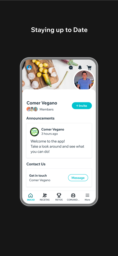 Comer Vegano - Screenshot of the Comer Vegano app community screen with announcements and contact options