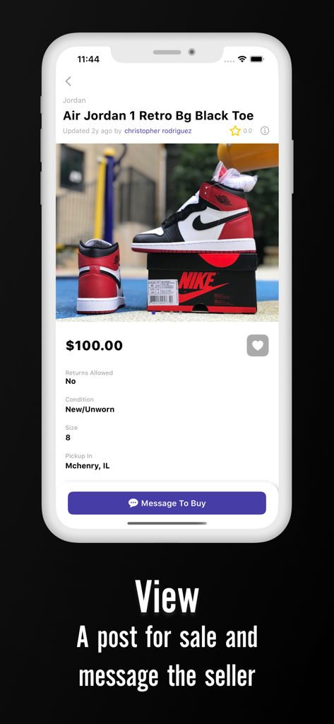 Sneak Freak app screen displaying an Air Jordan 1 Retro sneaker listing with the price and a message to buy button.