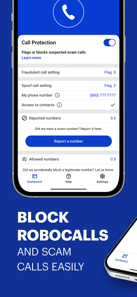 Malwarebytes call protection screen showing settings to block scam calls and robocalls