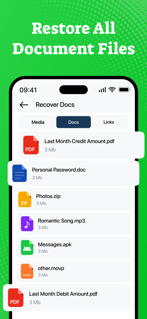WAMR : Recover Deleted Message - Una interfaz de aplicación móvil que muestra una lista de archivos de documentos restaurados, incluidos formatos PDF, DOC y ZIP