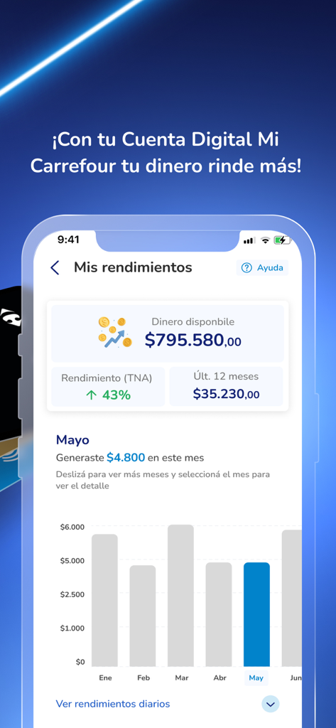 Carrefour Banco - Carrefour Banco App-Oberfläche, die Erträge des digitalen Kontos und ein monatliches Performance-Balkendiagramm anzeigt