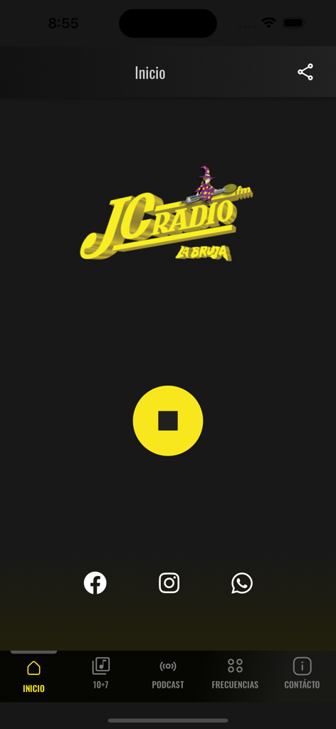 JC Radio La Bruja app home screen featuring the station logo and audio streaming playback controls.