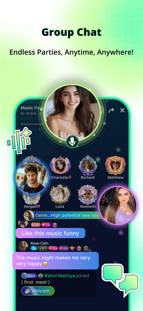 Hiyoo - Podcast & Voice Party - Interface of the Hiyoo app showing a group voice chat room with user avatars and a text chat feed for a music party.