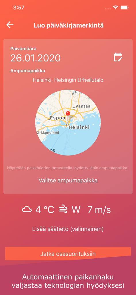 Ampuma - Ampuma app interface for creating a shooting diary entry with location map and weather details