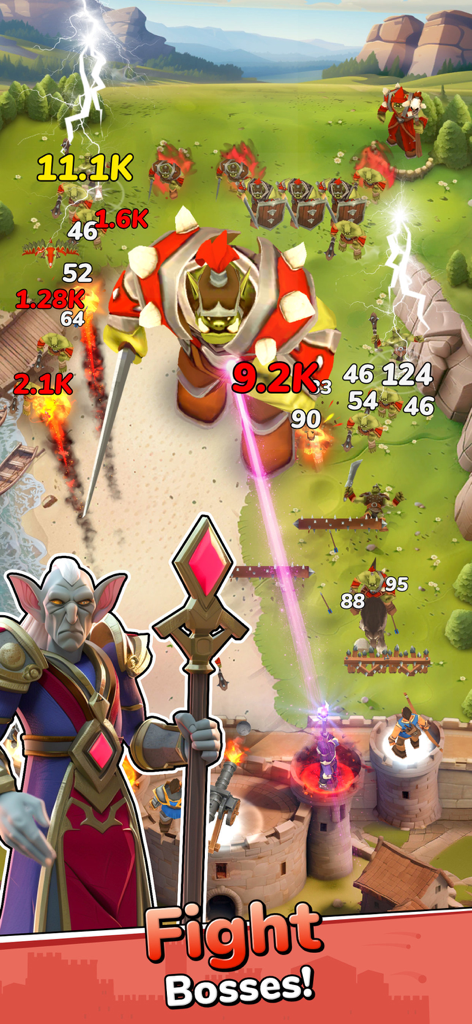 Boom Castle: Tower Defense TD - Un mago y defensores del castillo usando hechizos mágicos para luchar contra un jefe orco gigante en Boom Castle Tower Defense
