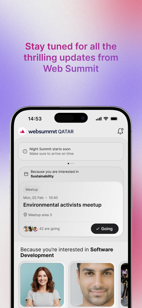 Interface of the Web Summit app showing personalized event recommendations for sustainability and software development