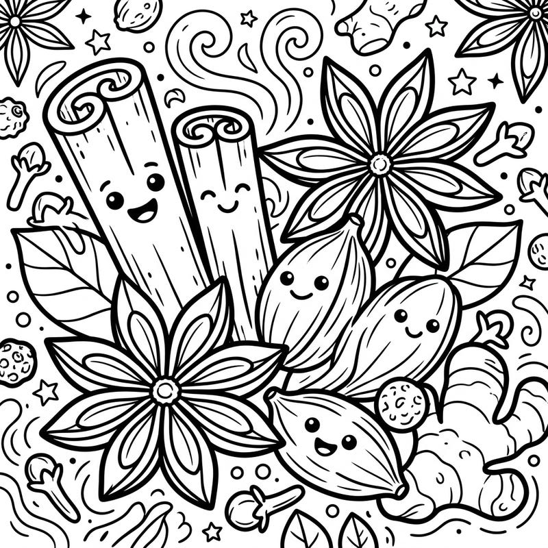 Spark your toddler's creativity with this charming spicy fragrance coloring page! Filled with friendly cinnamon, star anise, and cardamom, its thick lines and large areas are perfect for little artists to explore.