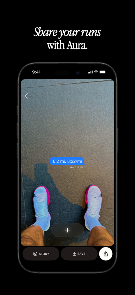 A mobile app interface displaying a blue text bubble with running stats over a photo of running shoes