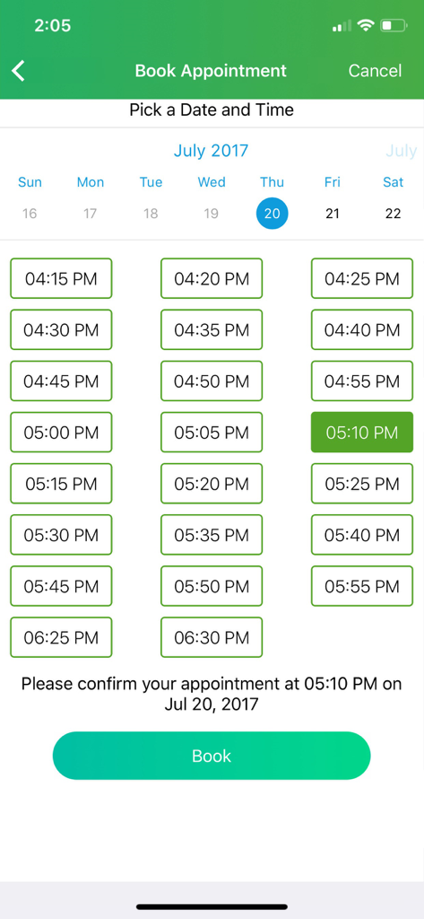 VSee Clinic for Patient - A mobile app interface for booking a telehealth appointment showing a date picker and various time slots for selection