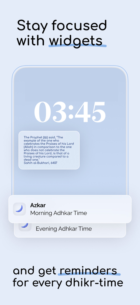 Écran de verrouillage de l'application Azkar montrant des widgets de citations religieuses et des rappels quotidiens de dhikr.