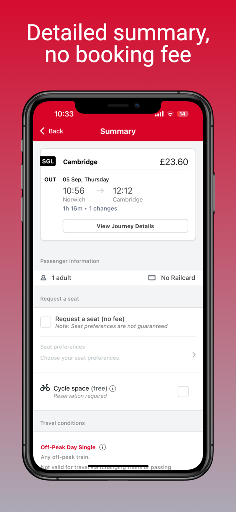 Greater Anglia train ticket summary screen showing a journey from Norwich to Cambridge with no booking fees