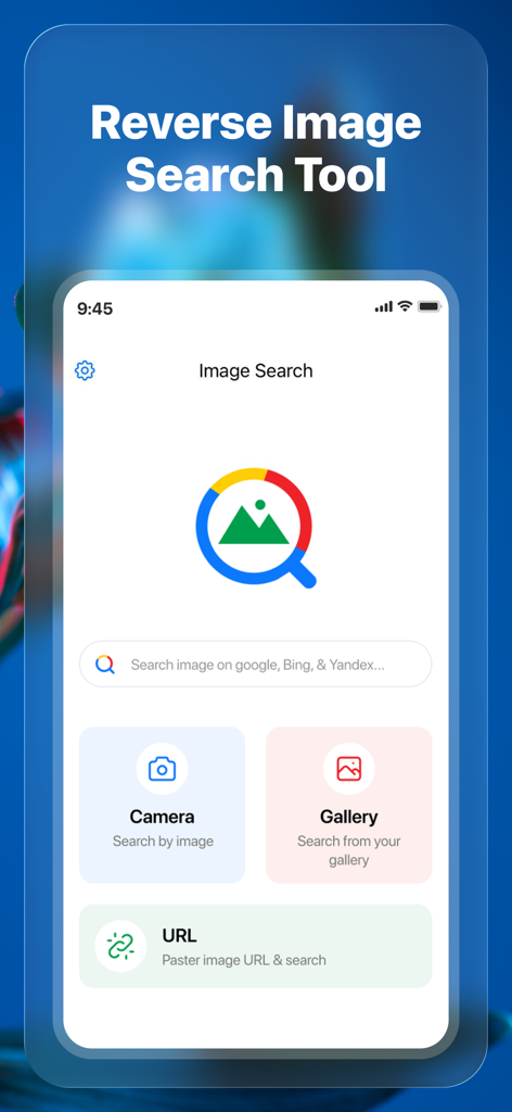 Lens | Reverse Image Search - Interfaccia dell'app mobile per la ricerca per immagine con opzioni di ricerca tramite fotocamera, galleria e URL