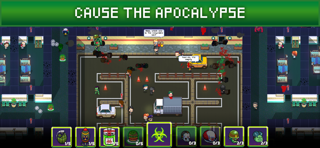 Pixel art gameplay screenshot of Infectonator 3 Apocalypse showing zombies attacking humans in a city setting