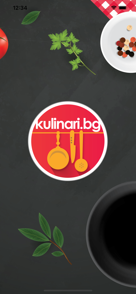 kulinari.bg - Pantalla de presentación de la aplicación de cocina Kulinari bg mostrando el logo y utensilios de cocina