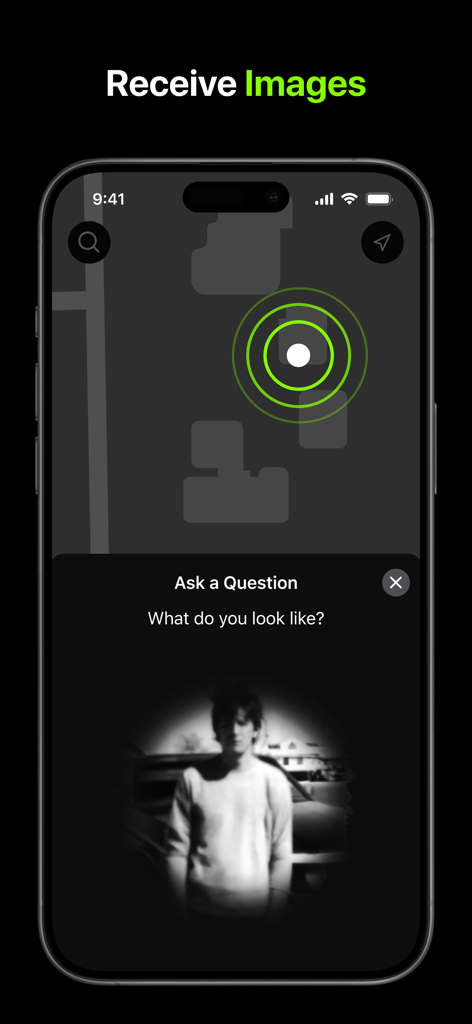 Tela do aplicativo Ghost Chat mostrando um mapa de radar e uma resposta de imagem em preto e branco de um espírito