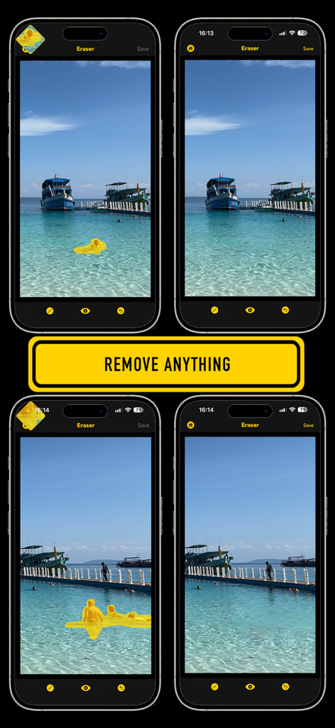 Lama fiXing 앱의 이전 및 이후 스크린샷으로, 휴가 사진에서 사람들을 제거하는 것을 보여줍니다.