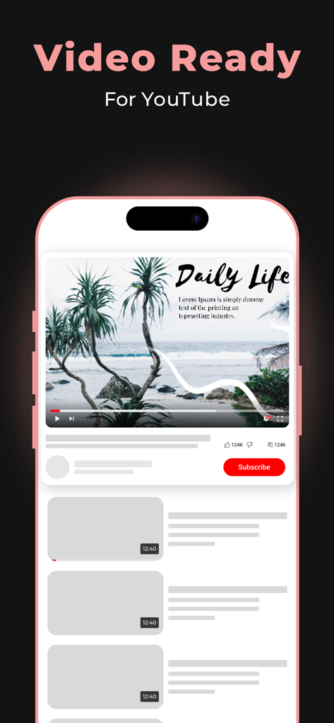 Intro Maker for YouTube Studio - A smartphone displaying a custom YouTube intro template with the text Video Ready for YouTube