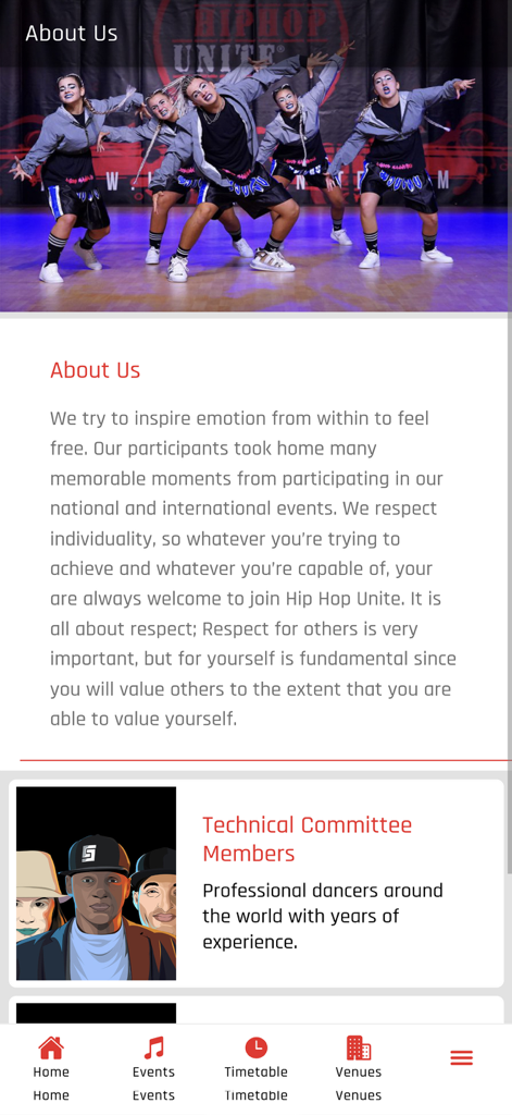 About Us screen of the Hip Hop Unite app featuring a group of dancers and event mission statement