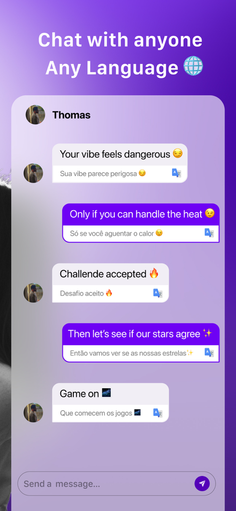 Karma - International Dating - Pantalla de chat de la aplicación de citas Karma que muestra traducción en tiempo real entre idiomas