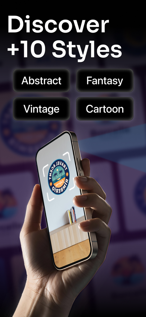 AI Logo Design Brand Maker Art - Uma mão segurando um smartphone exibindo um logo de IA em realidade aumentada com diferentes categorias de estilo de marca, como vintage e abstrato.