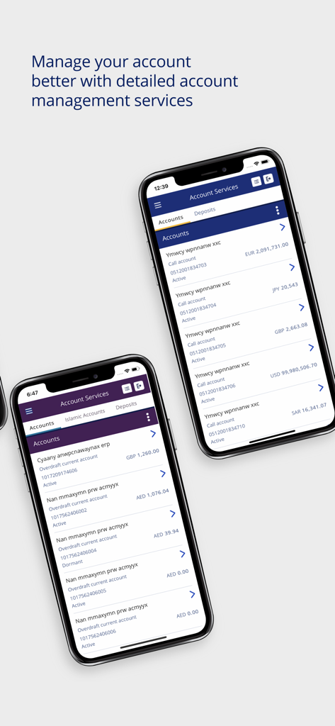 Two smartphones displaying businessONLINE account services and multi-currency balances for corporate banking