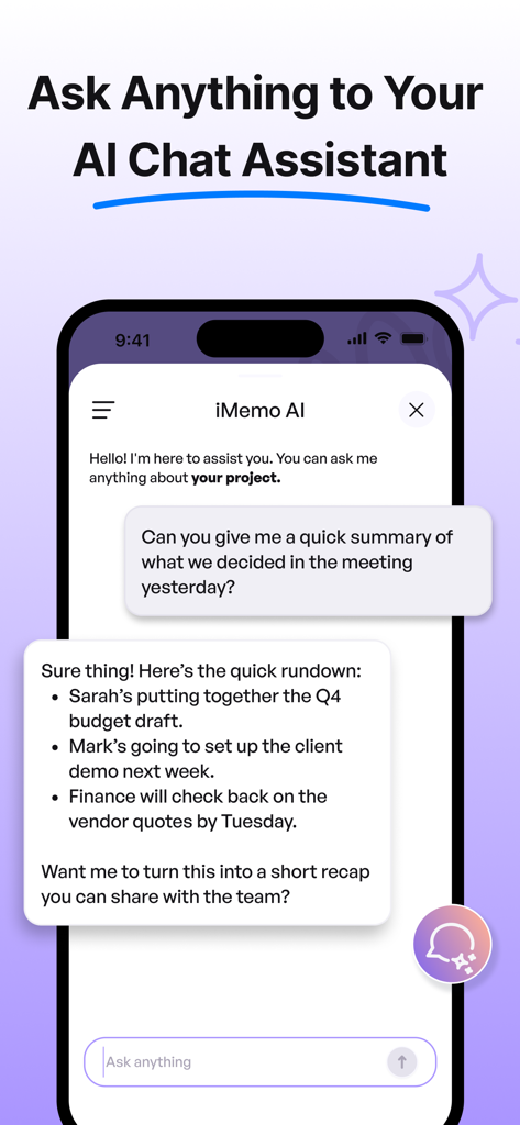 iMemo AI Note Taking & Summary - iMemo AI assistant providing a bulleted summary of a meeting in a mobile chat interface
