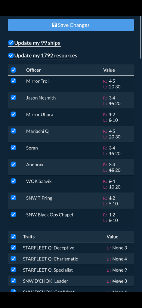 SpocksClub - Interface of the SpocksClub app showing a list of Star Trek Fleet Command officers and traits with update options