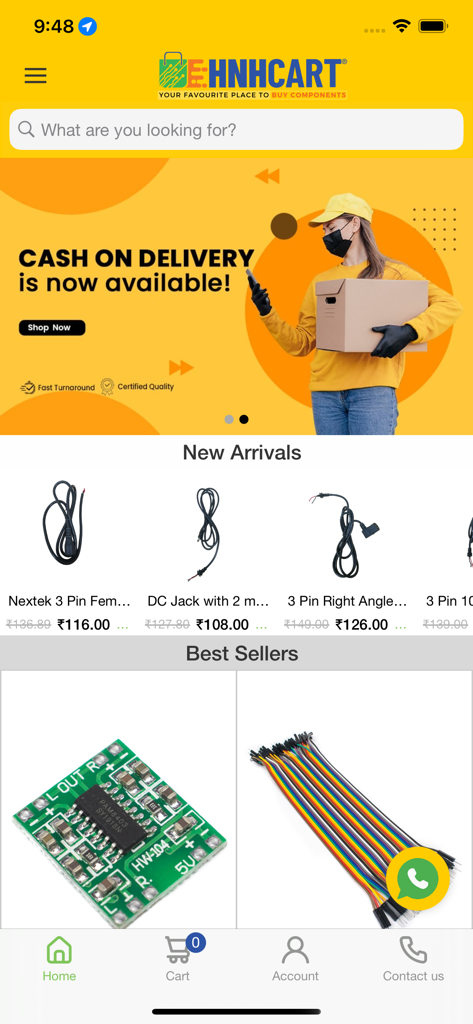 HnHCart - HnHCart mobile app home screen showing electronics components and best sellers