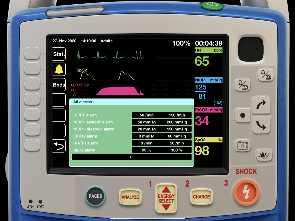 qubeX app interface simulating a Zoll medical monitor with alarm settings and vital signs