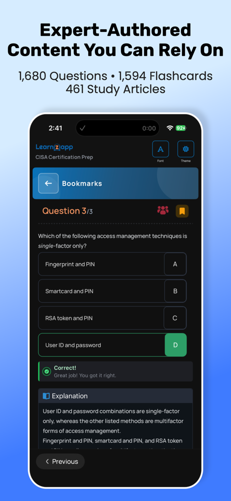 CISA & CISM: ISACA Exam Prep - Interface of the CISA and CISM Exam Prep app showing a multiple-choice practice question and its explanation