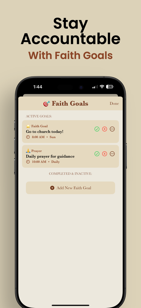 iPhone screenshot of the Faith Guide app showing a spiritual habit tracker with goals for church attendance and daily prayer.