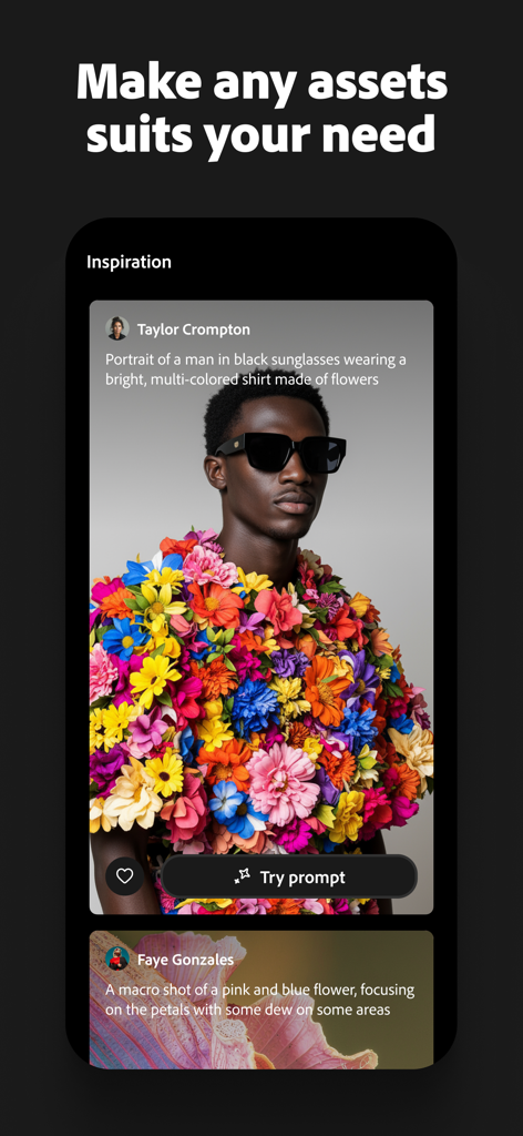 Adobe Firefly: AI Generator - Interfaz de la aplicación Adobe Firefly para iPhone que muestra un feed de inspiración con un retrato generado por IA de un hombre con una camisa floral y una indicación de texto a imagen.