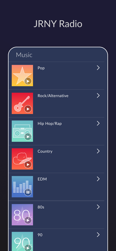 JRNY app interface displaying a list of music genres including Pop Rock and EDM for workout playlists.