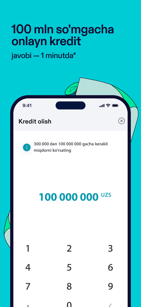 TBC UZ: Online Mobile Banking - Interfaz de la aplicación móvil TBC UZ para solicitar un préstamo en línea de hasta 100 millones de UZS.