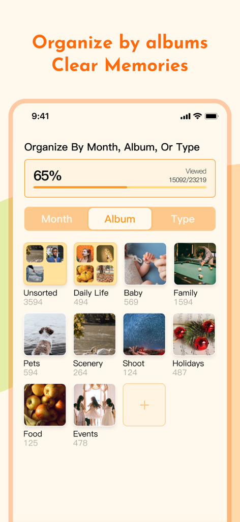Photo Deleter: Photo Cleaner - Interfaz de la aplicación Photo Deleter que muestra la biblioteca de fotos organizada en álbumes categorizados como Mascotas, Familia y Vacaciones.
