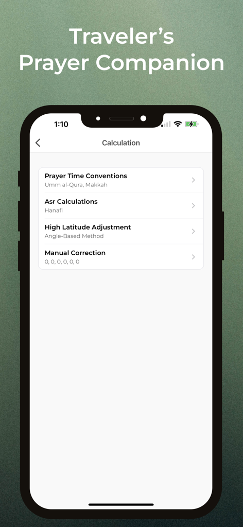Smartphone screen showing prayer time calculation settings in the Azan app