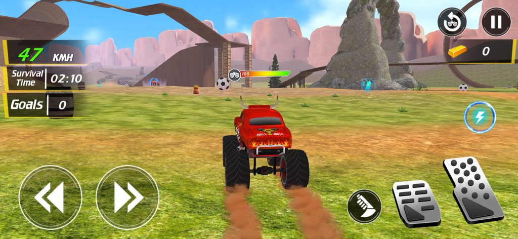 A red monster truck driving in a 3D open-world arena with ramps and soccer balls.