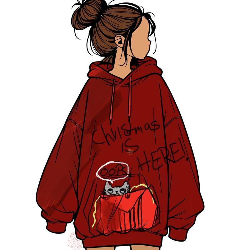 realistic girl with a oversized sweatshirt on and a bun