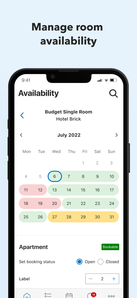 Pulse app interface showing a monthly availability calendar for a hotel room listing