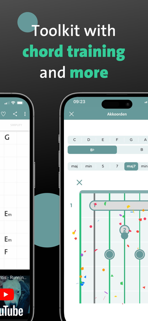 Chordify: Songs, Chords, Tuner - Interfaz de herramientas de la aplicación Chordify que muestra diagramas de acordes de guitarra y funciones de entrenamiento.