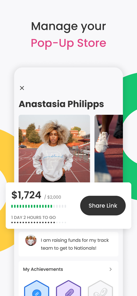Double Good app interface for managing a personal virtual fundraising store showing goal progress and share options