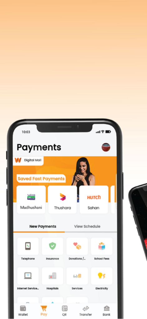 Mobile app interface of Sampath Wepay showing bill payment options for utilities insurance and school fees