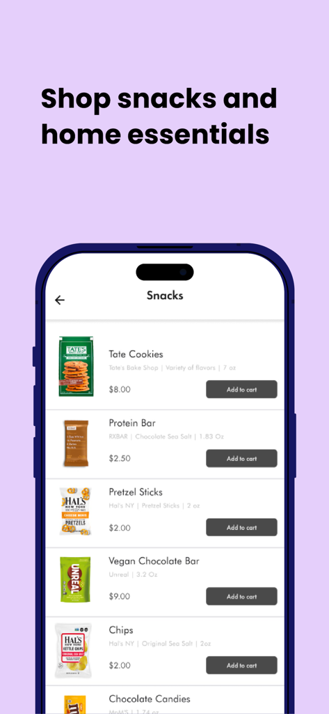 TULU - Own Less, Live More - TULU mobile app interface showing a list of snacks and home essentials for purchase